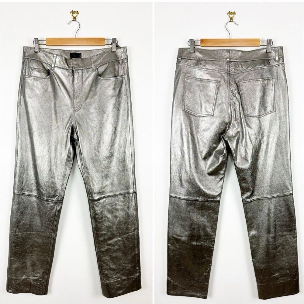 Massimo Dutti Women’s Metallic Leather Pants Straight Leg Silver Sz L, NWT